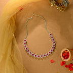 Pink Ruby White Silver CZ Halo Necklace Set