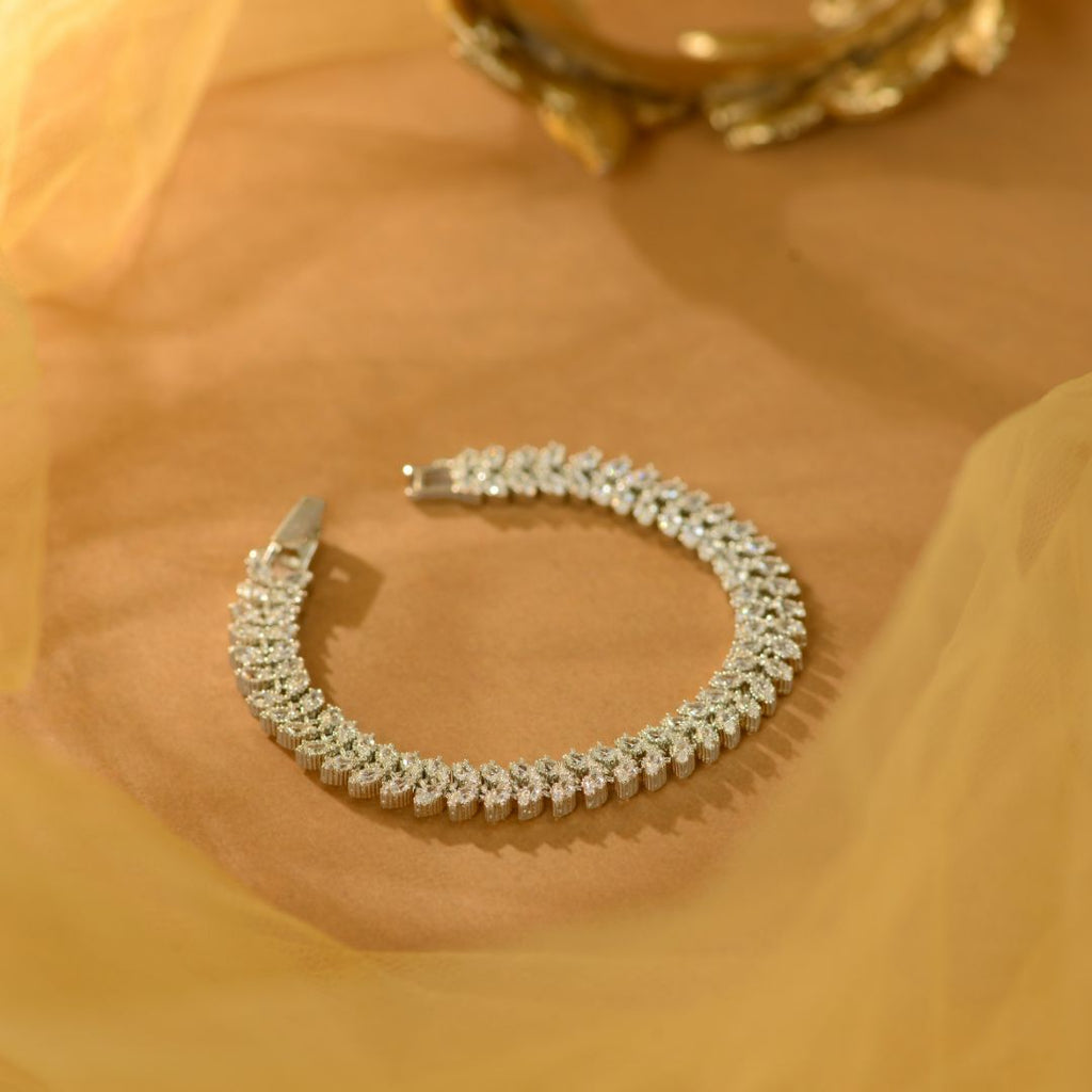 White Sparkling Silver CZ Leaf Bracelet