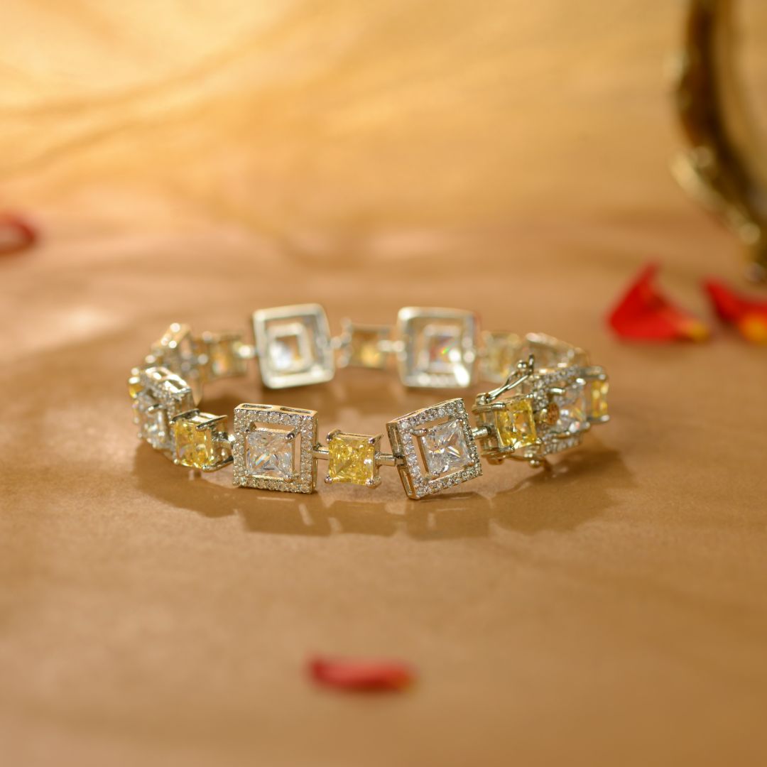 Yellow White Silver CZ Square Bracelet
