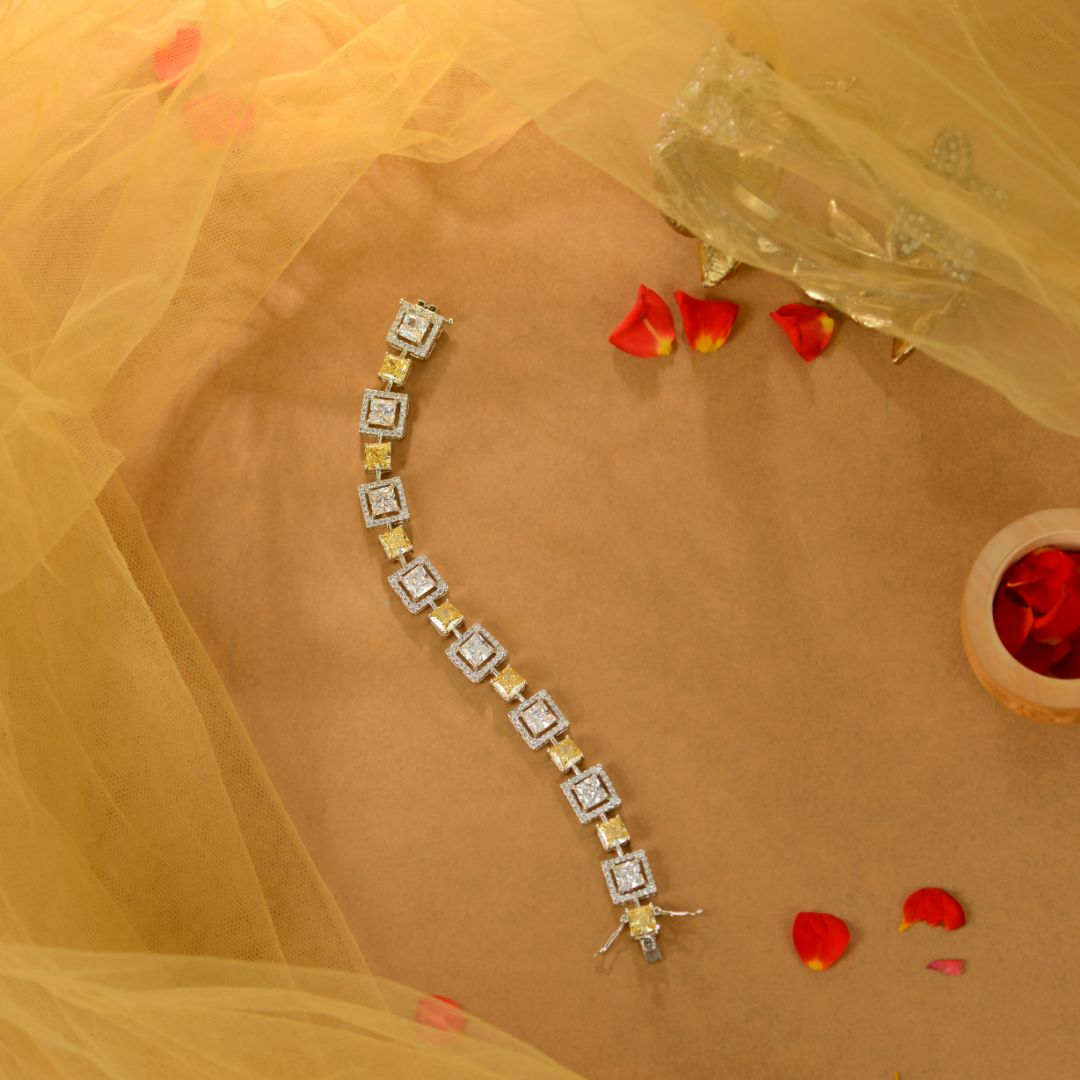 Yellow White Silver CZ Square Bracelet