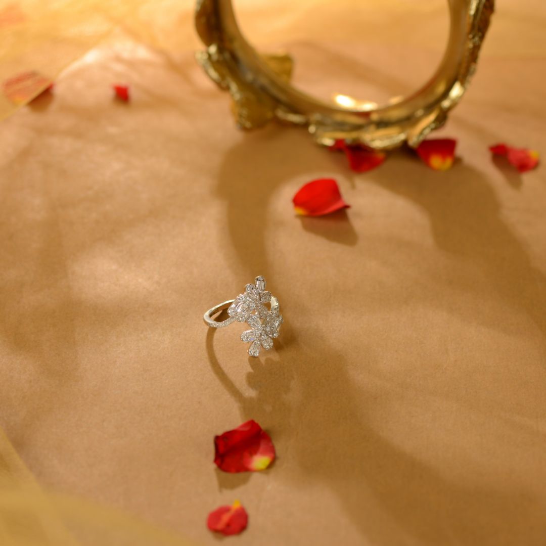 White Sparkling Silver CZ Floral Ring