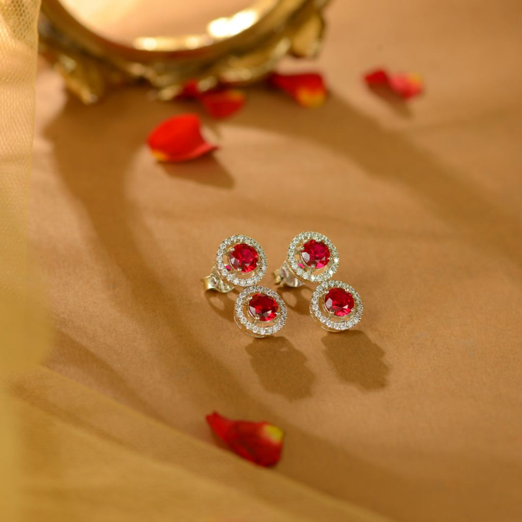 Pink Ruby White Silver CZ Halo Necklace Set