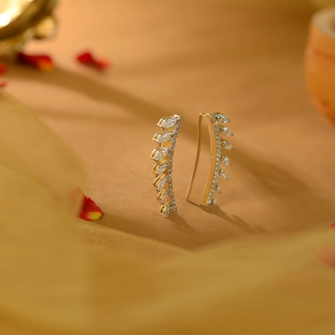 White Sparkling Silver CZ Leaf Ear Climbers