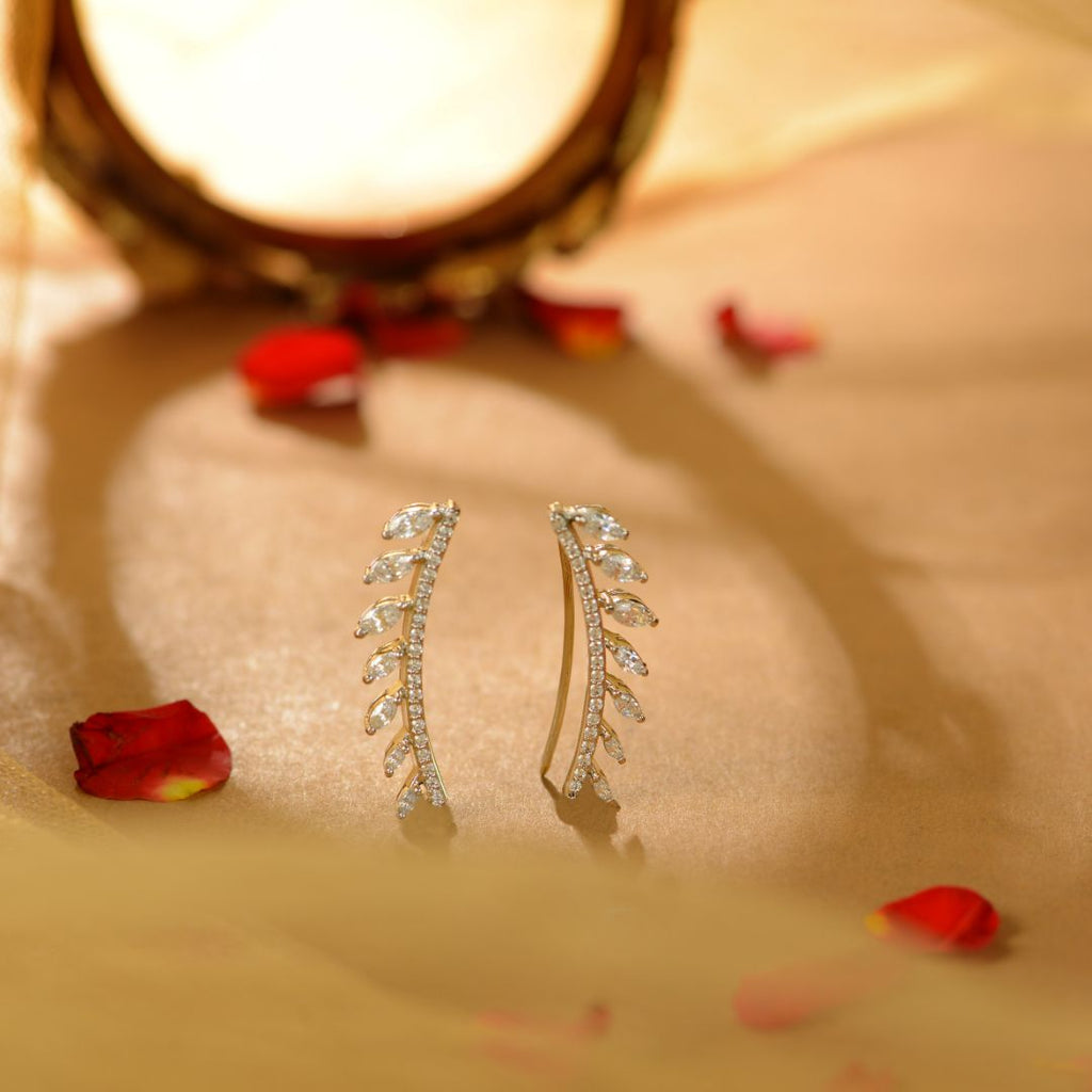 White Sparkling Silver CZ Leaf Ear Climbers