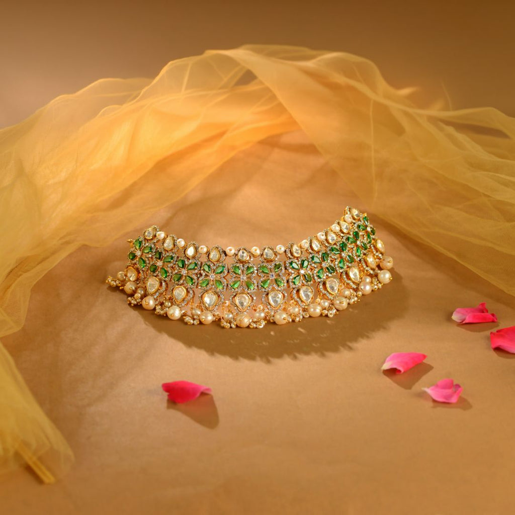 925 Sterling Silver Kundan Choker with Pearl Drops
