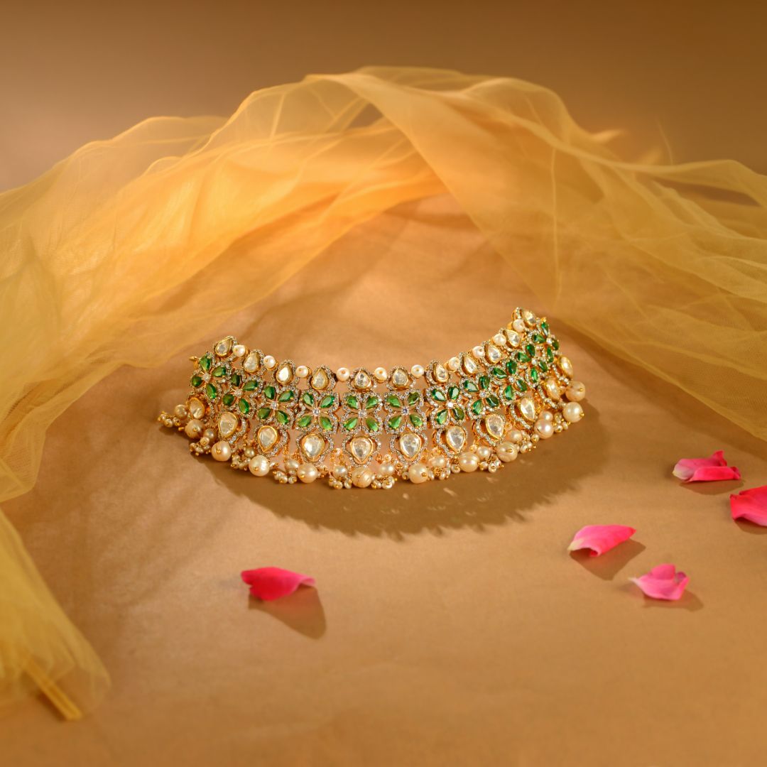 925 Sterling Silver Kundan Choker with Pearl Drops