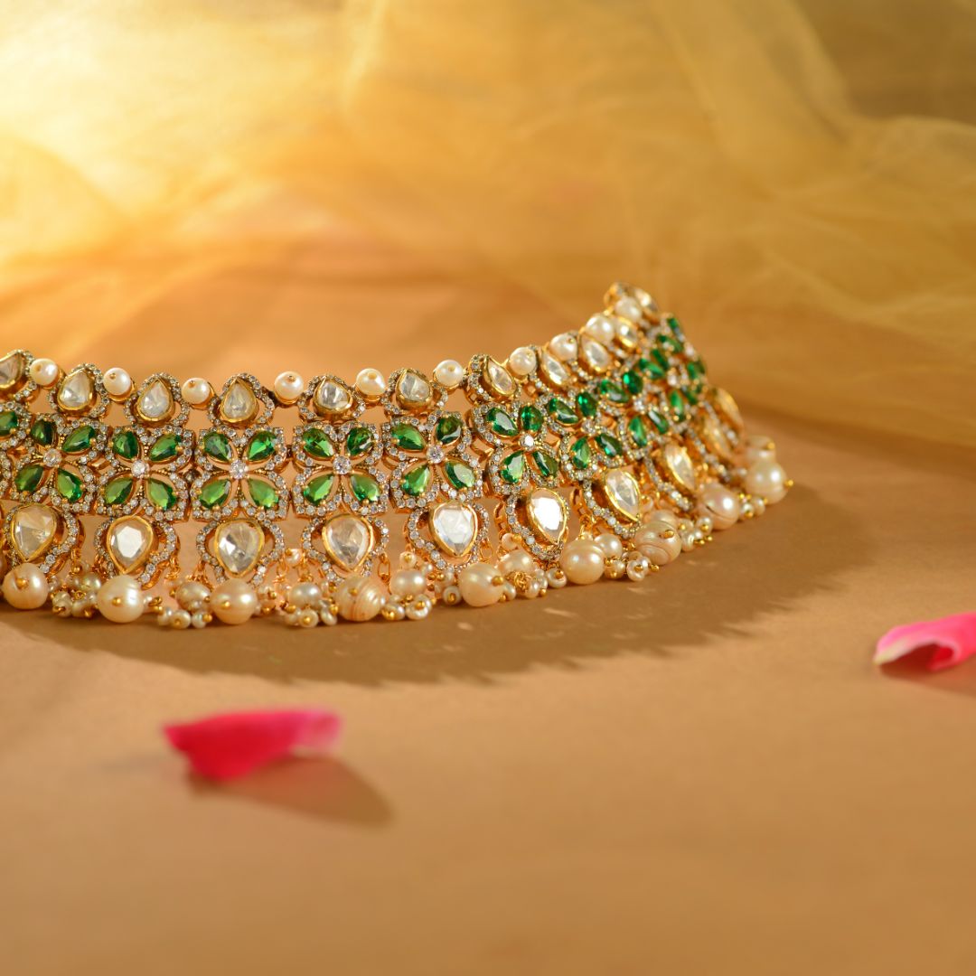 925 Sterling Silver Kundan Choker with Pearl Drops