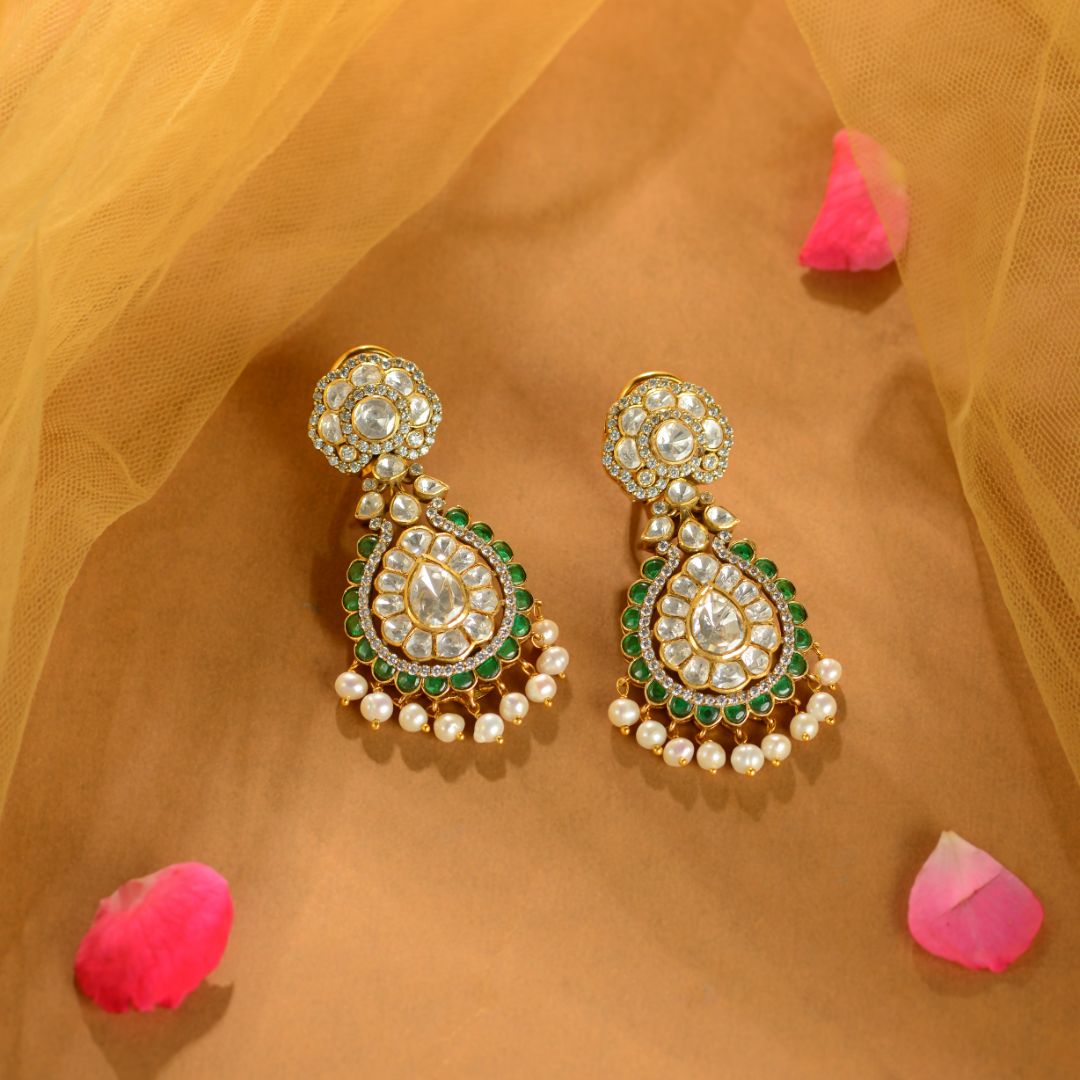925 Sterling Silver Emerald Kundan Pearl Drop Earrings