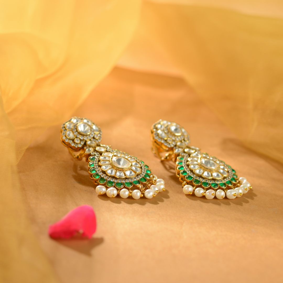 925 Sterling Silver Emerald Kundan Pearl Drop Earrings
