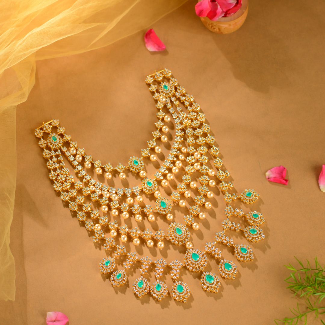 925 Sterling Silver American Diamond Layered Necklace with Pearl Drops