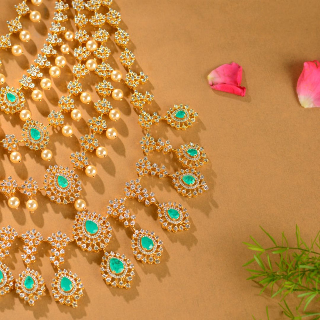 925 Sterling Silver American Diamond Layered Necklace with Pearl Drops