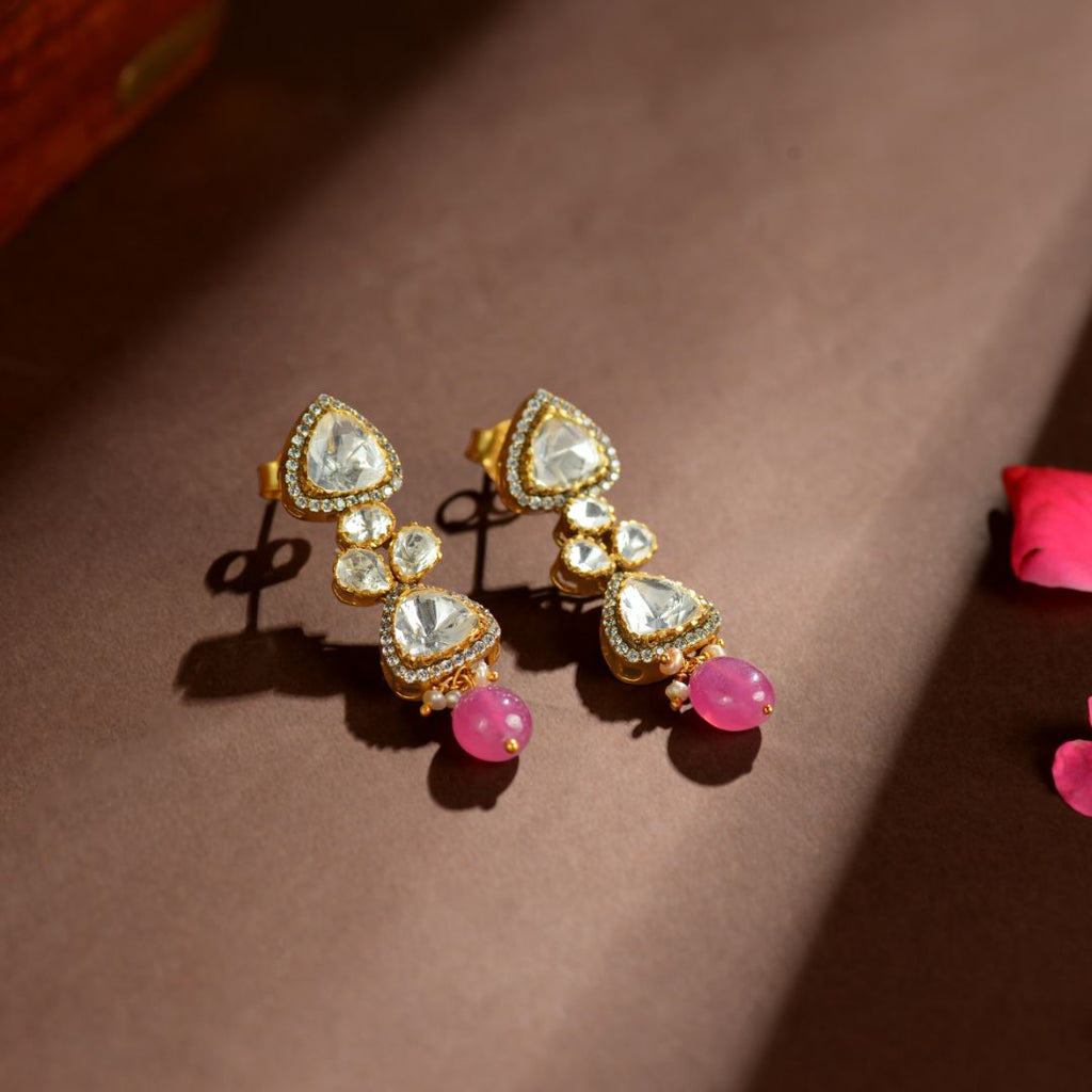 925 Sterling Silver Polki Drop Earrings with Pink Beads