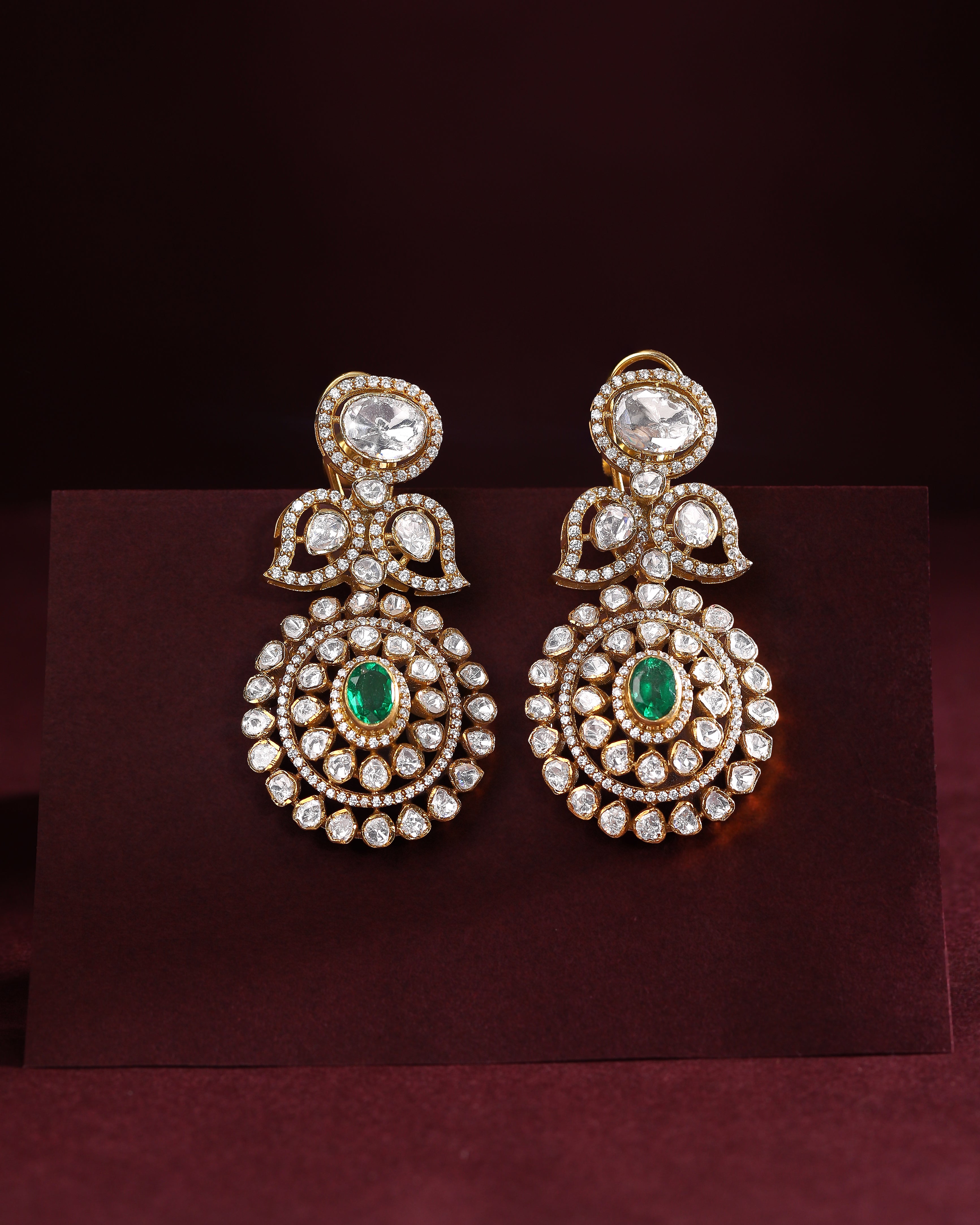 Empress Leaf-Motif Polki Style Silver Drop Earrings