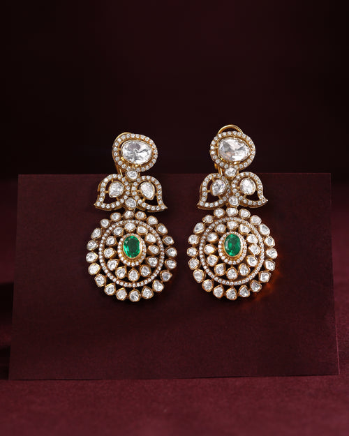 Empress Leaf-Motif Polki Style Silver Drop Earrings