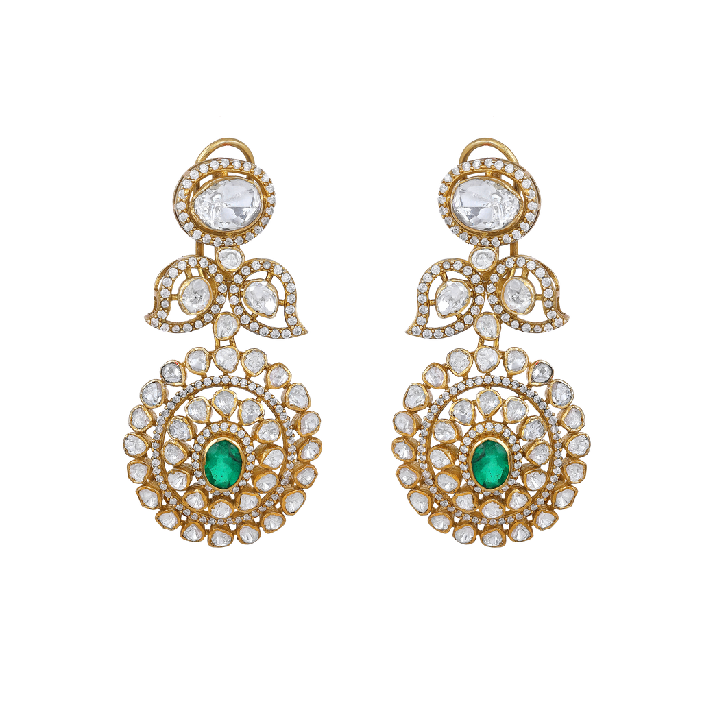 Empress Leaf-Motif Polki Style Silver Drop Earrings