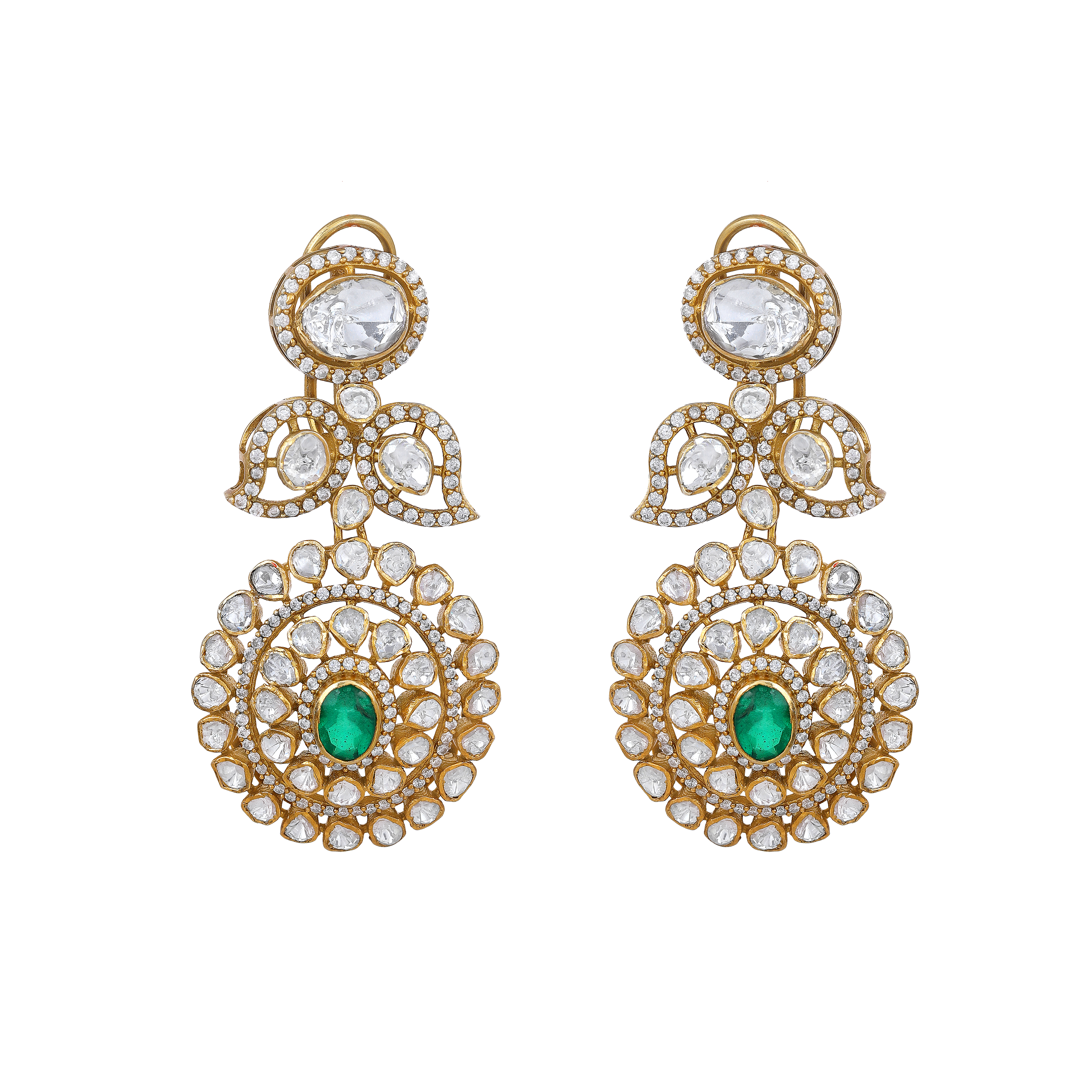 Empress Leaf-Motif Polki Style Silver Drop Earrings