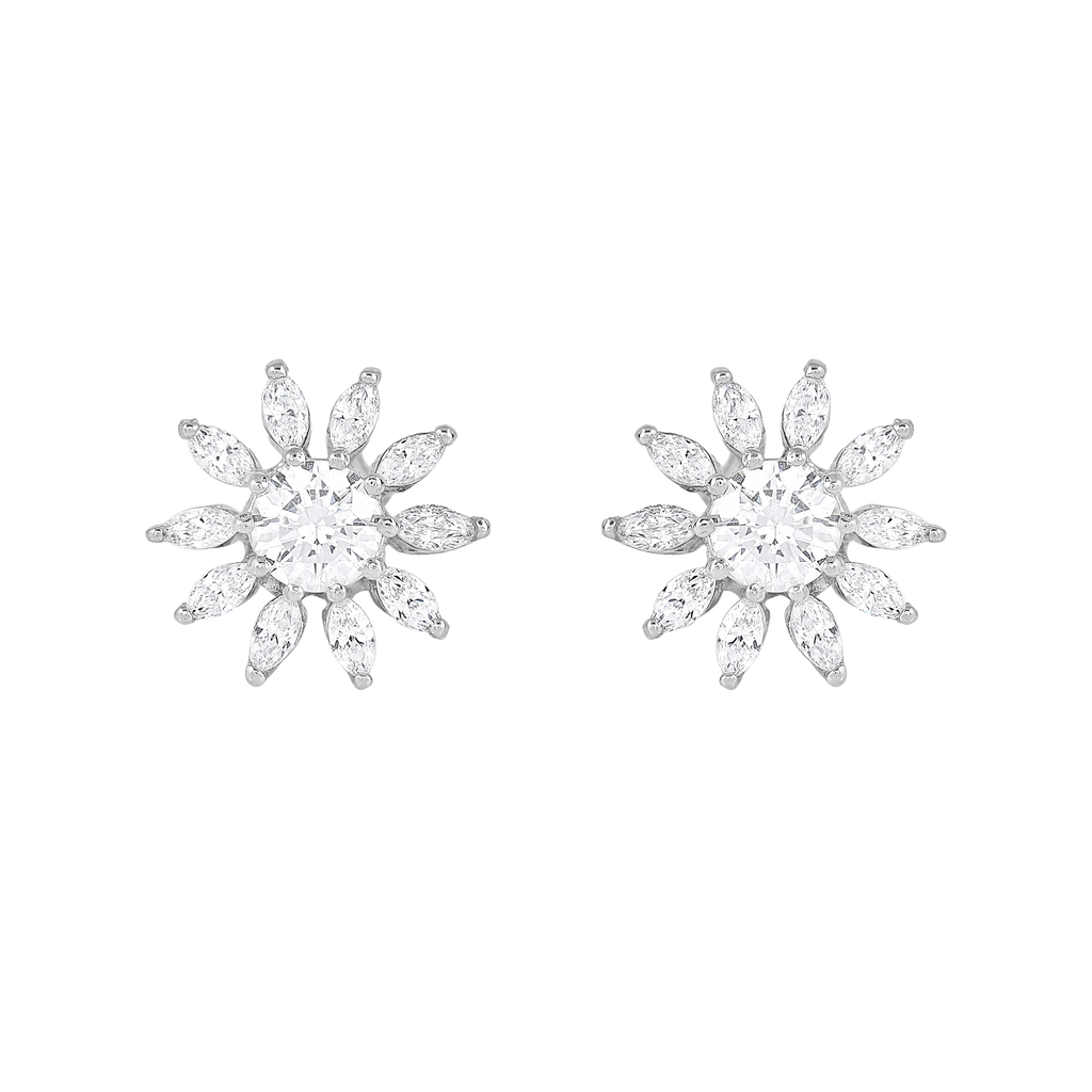 Stellar Sunburst CZ Stud Earrings in Silver