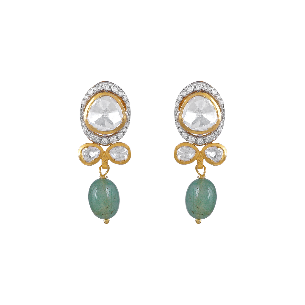 Polki-Style Silver CZ Halo Earrings with Green Droplets