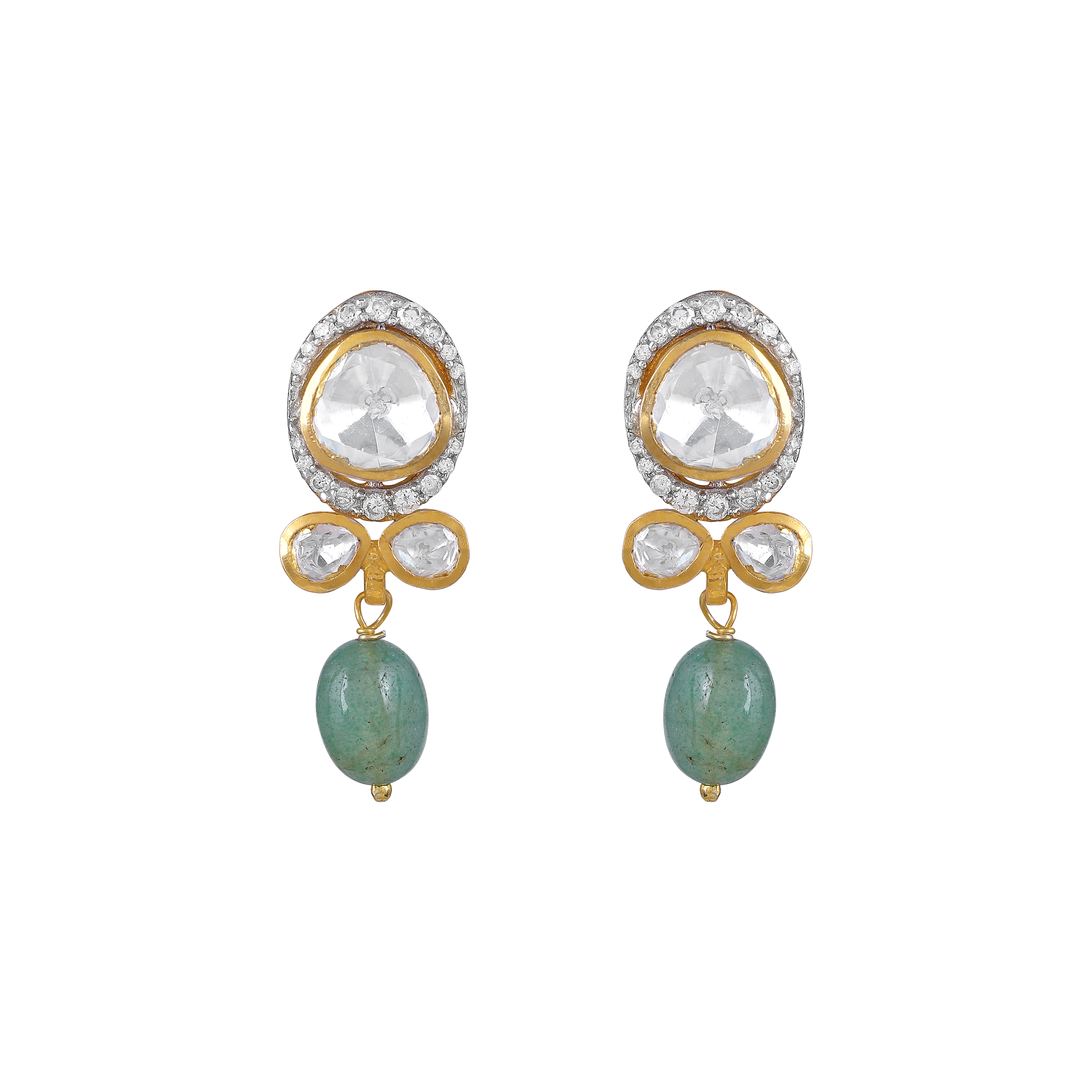 Polki-Style Silver CZ Halo Earrings with Green Droplets
