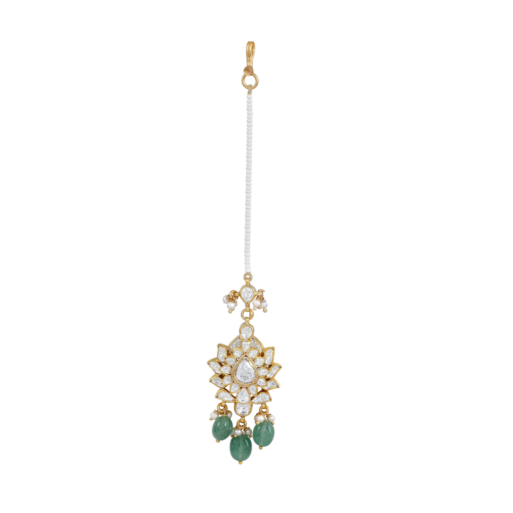 Silver Maang Tikka with Pearls and Green Beads