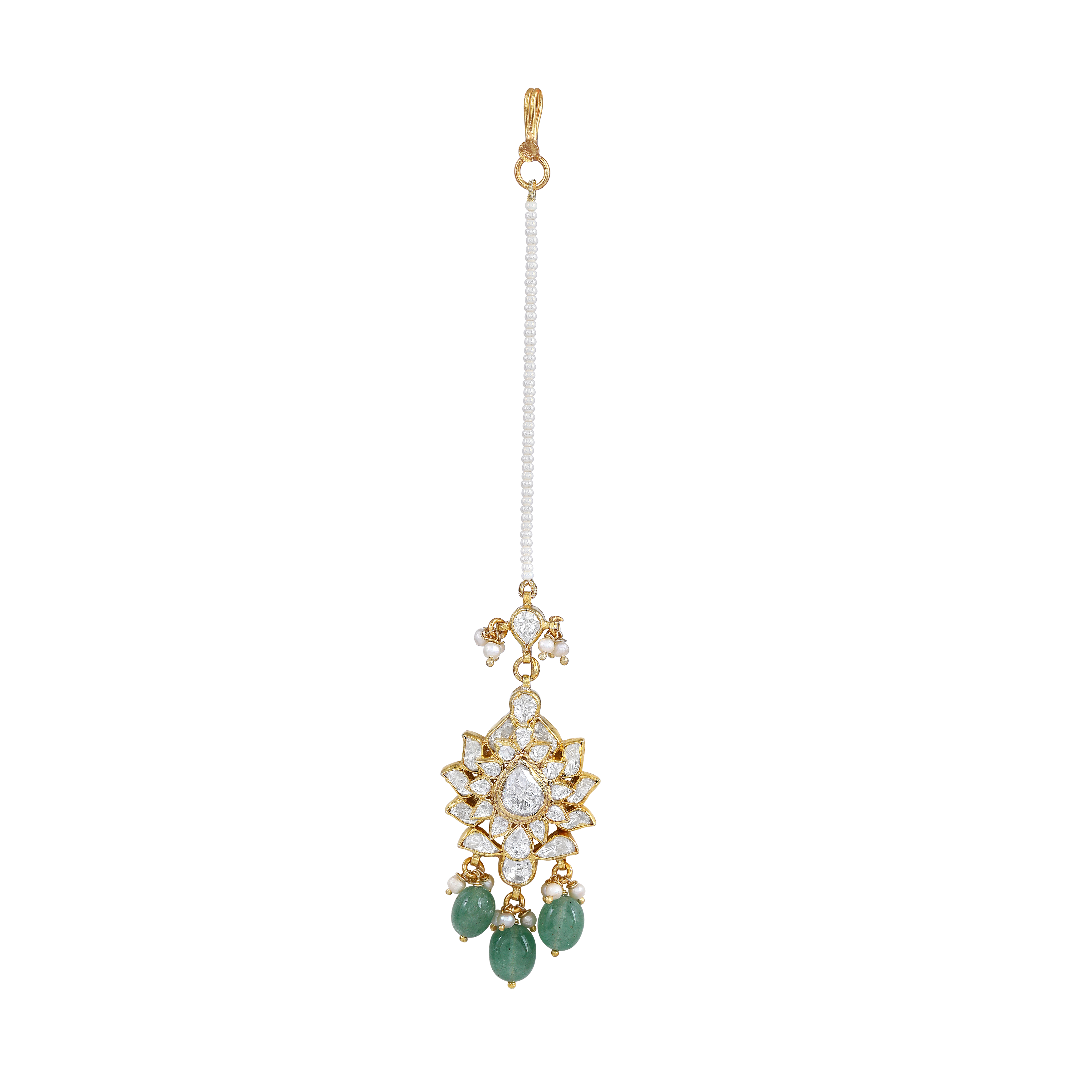 Silver Maang Tikka with Pearls and Green Beads