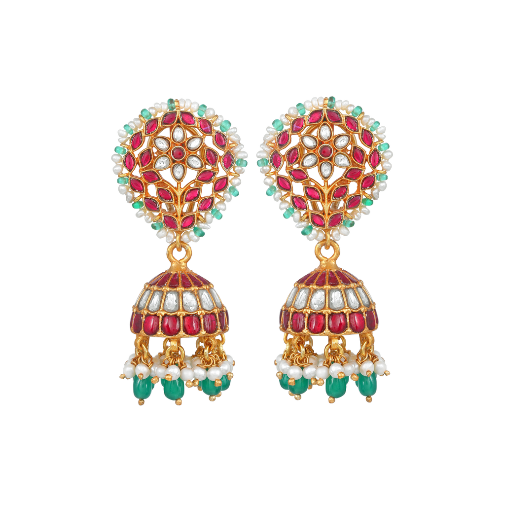 Vibrant Floral Kemp-Style 92.5 Silver Jhumkas