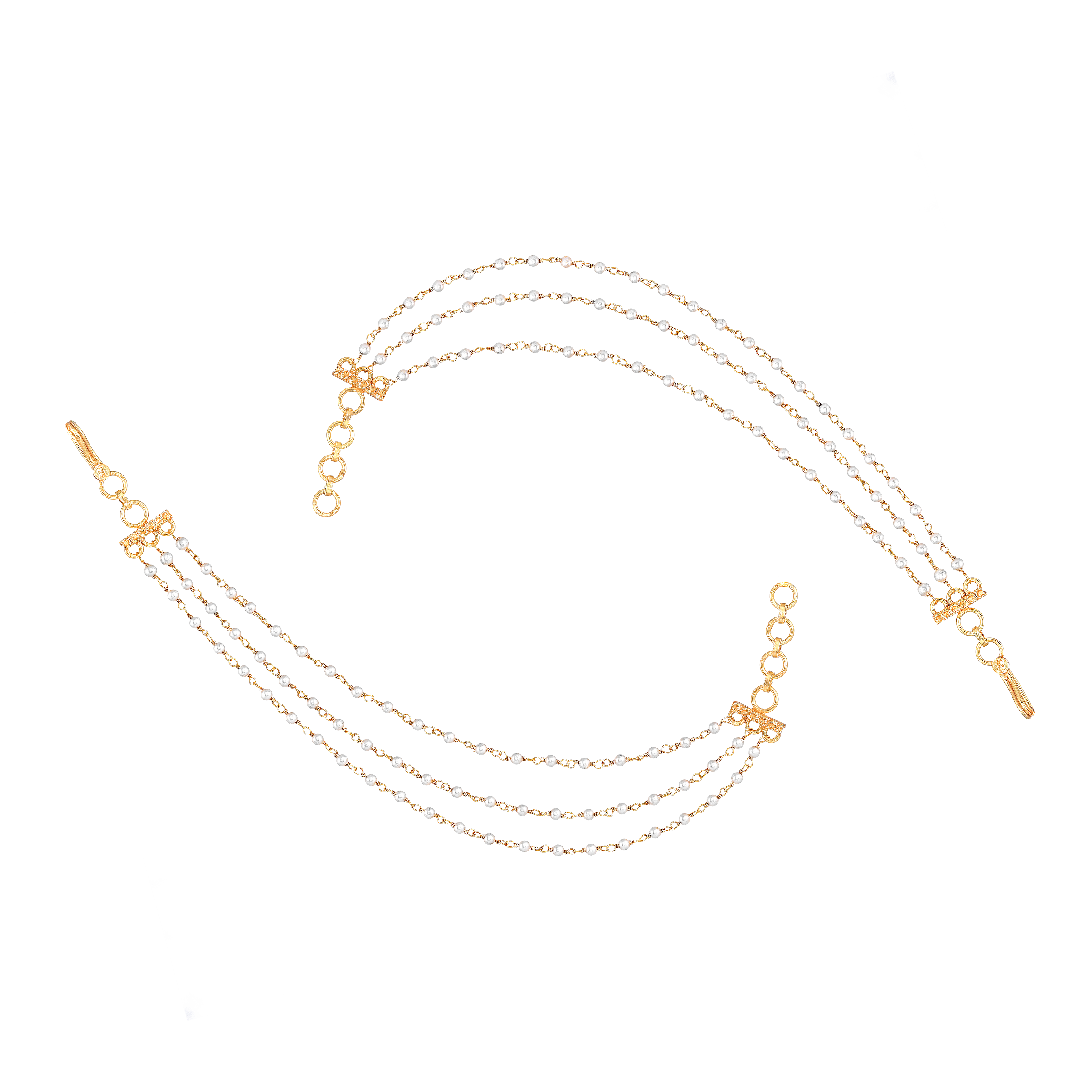 Three-Layered Pearl Silver Ear Chains