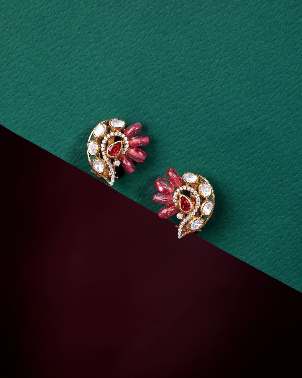 Silver Peacock Stud Earrings in Pink Stone