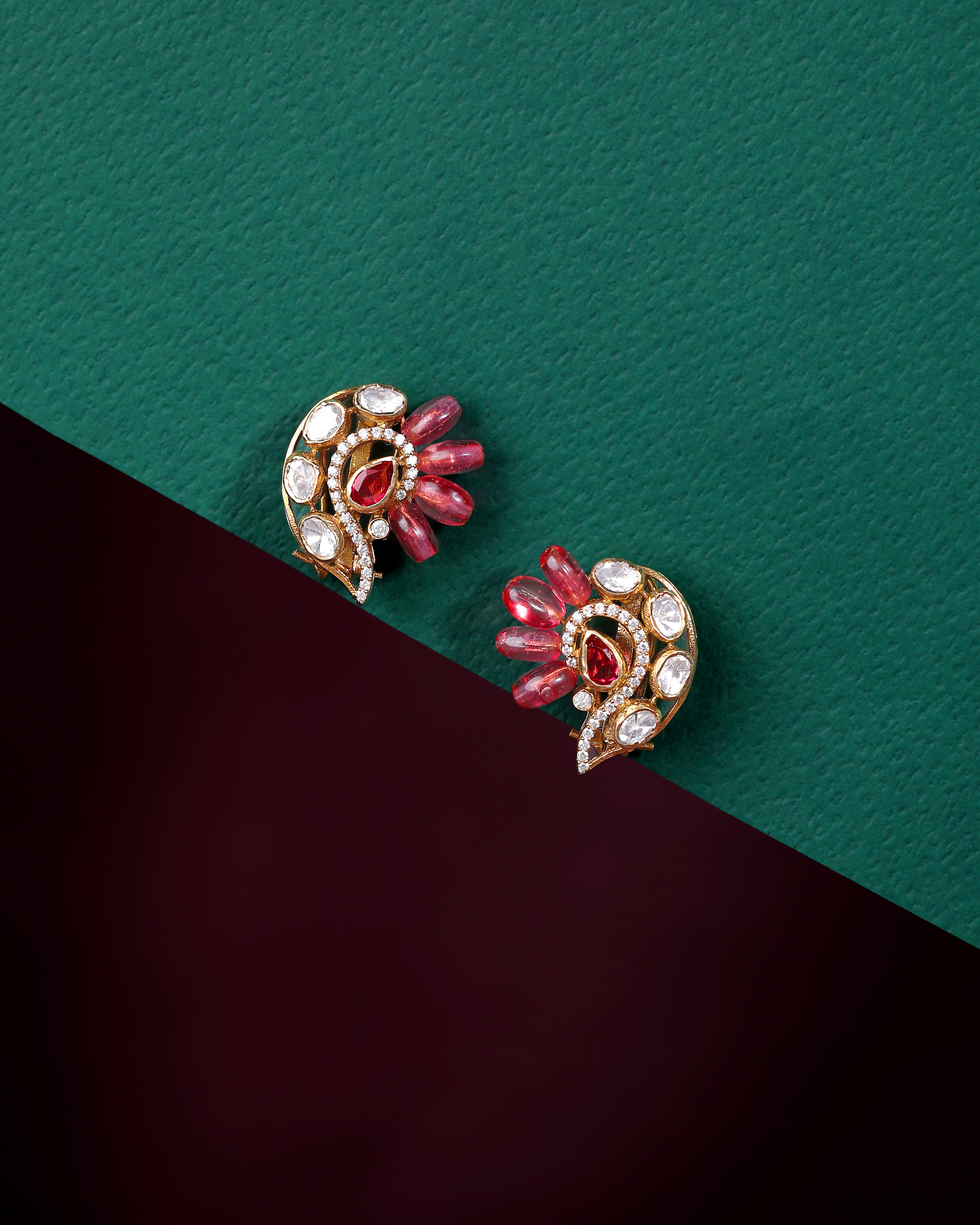 Silver Peacock Stud Earrings in Pink Stone