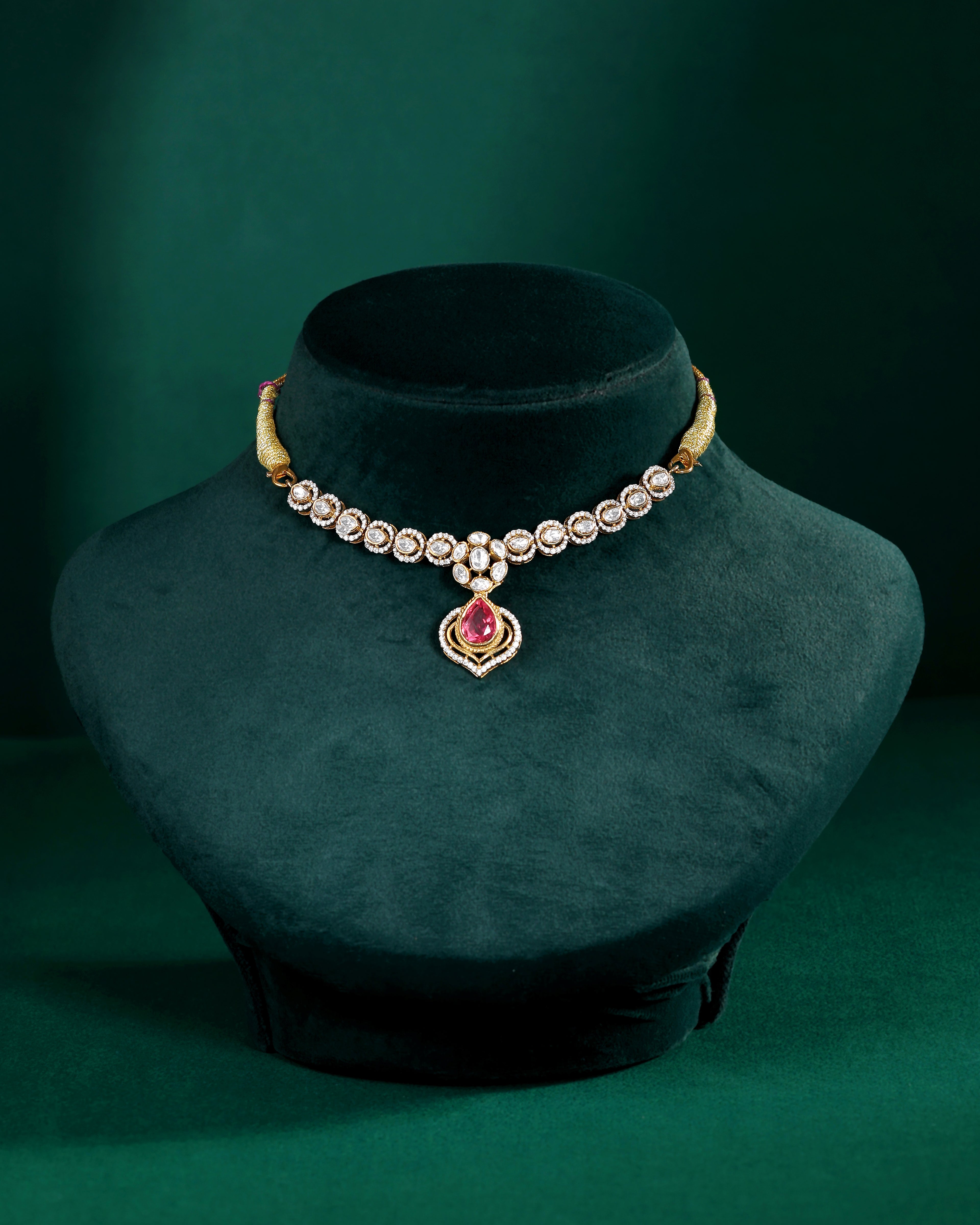 Pink Ruby Stone Pear Necklace in 92.5 Silver