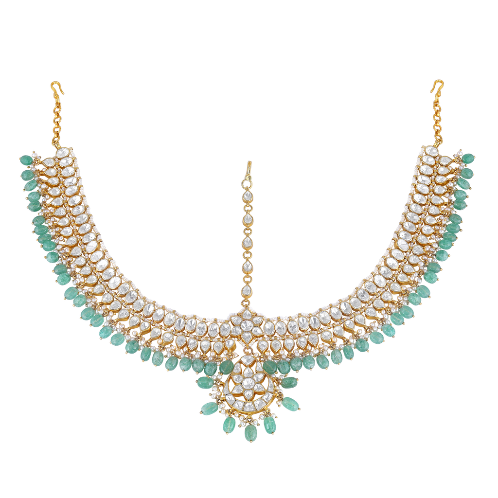 Silver Green Bead Mathapatti with CZ Stones