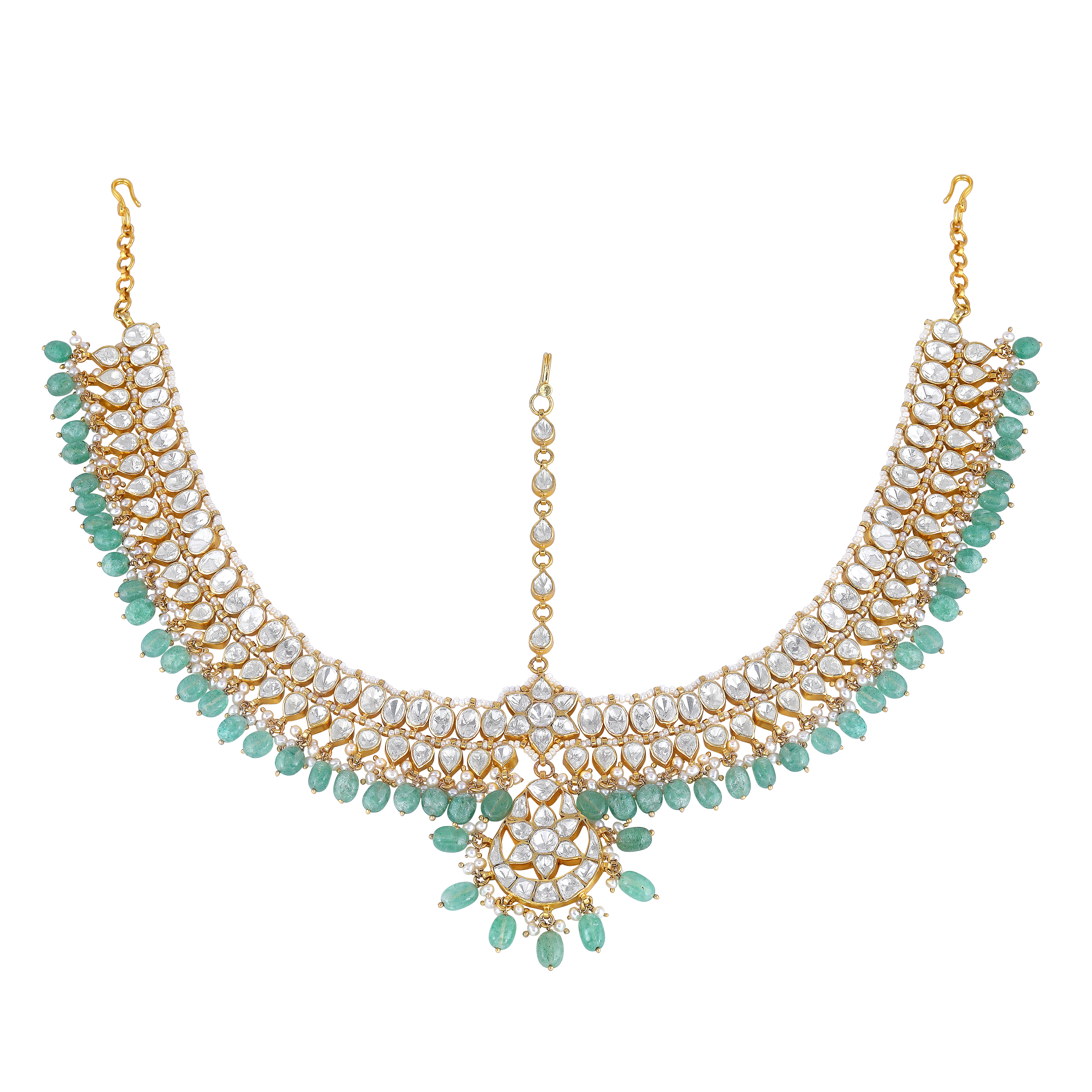 Silver Green Bead Mathapatti with CZ Stones
