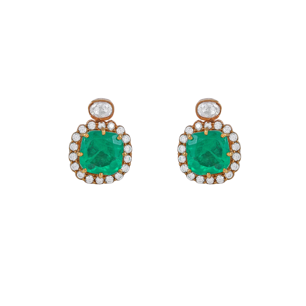 Regal Green Stone CZ Halo Studs in Silver