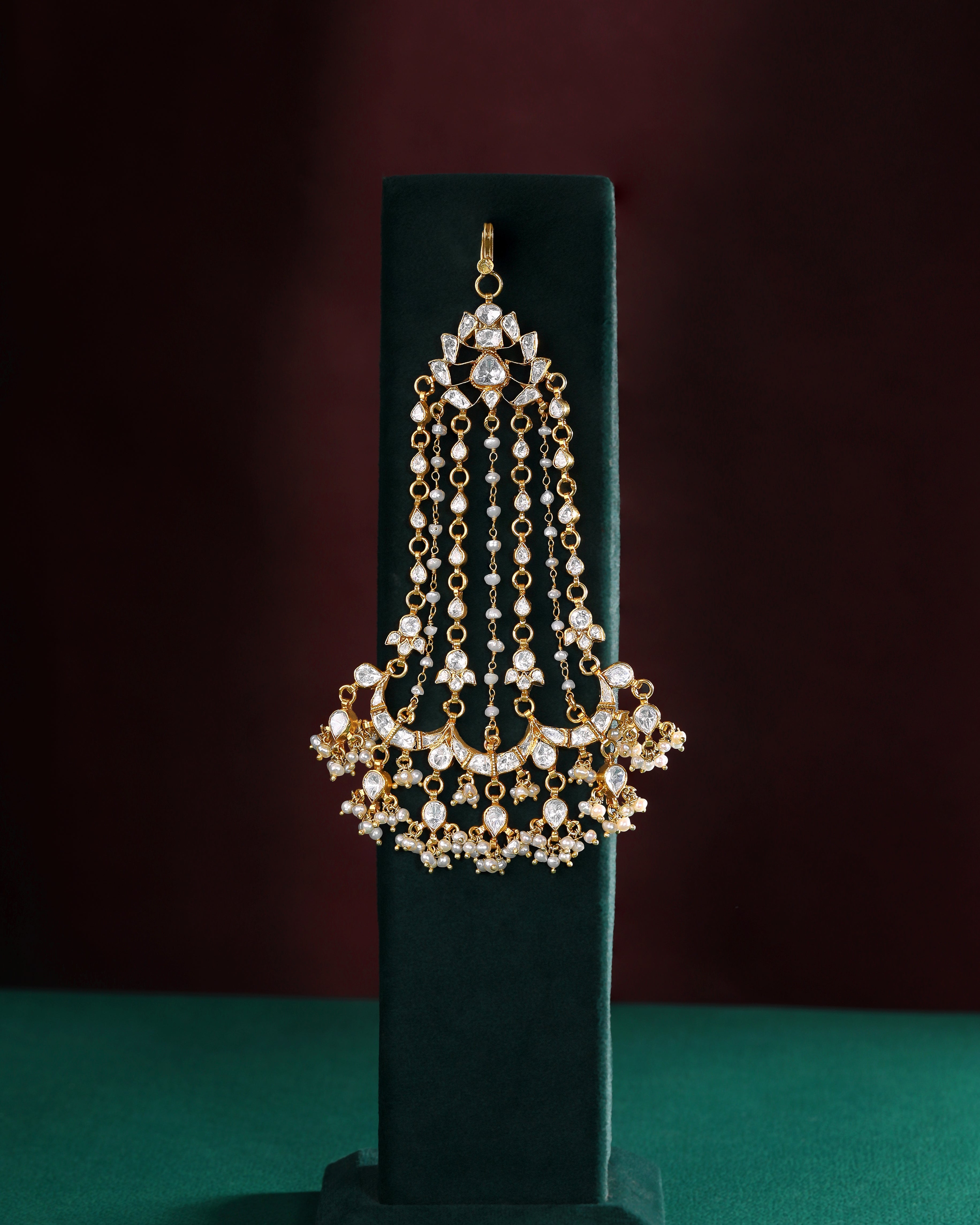 Mughal-Style Silver Passa with CZ & Pearl Droplets