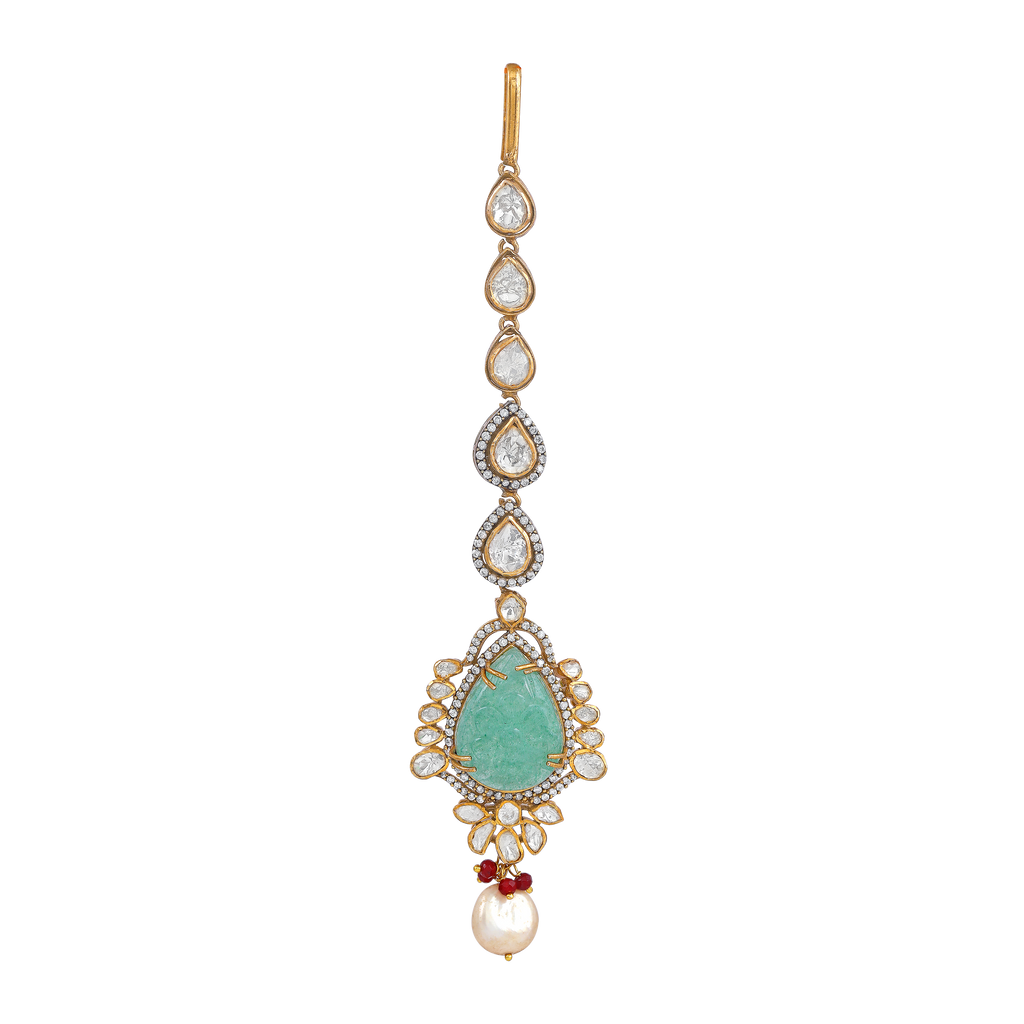 Silver Polki Maang Tikka with Pear-Cut Green Stone