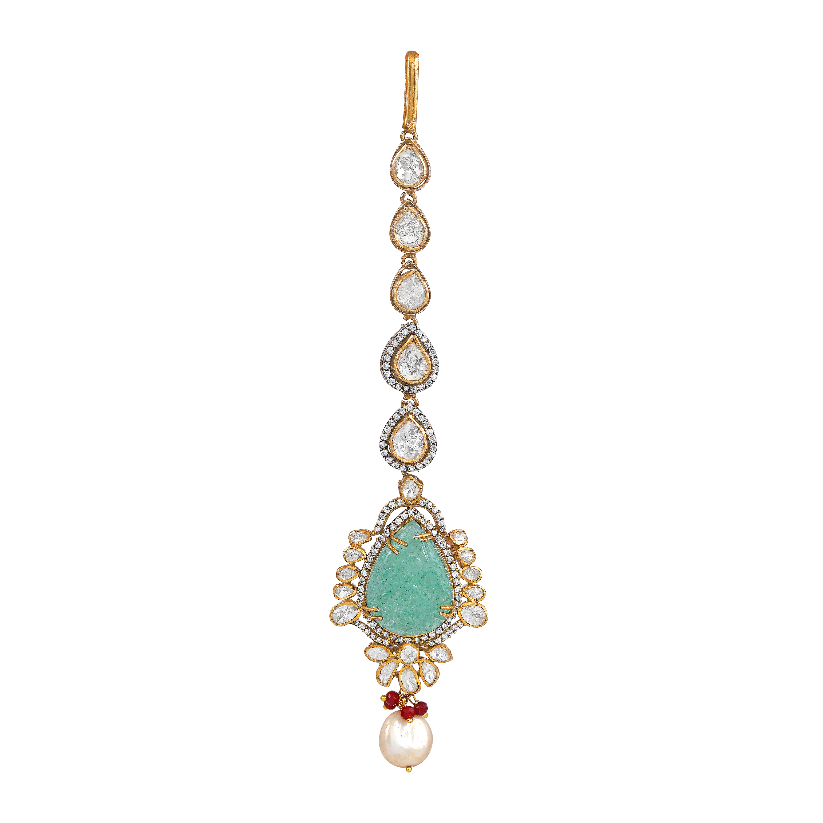 Silver Polki Maang Tikka with Pear-Cut Green Stone