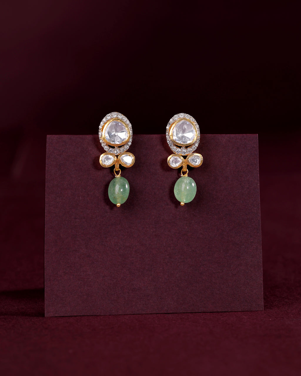 Polki-Style Silver CZ Halo Earrings with Green Droplets