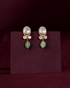 Polki-Style Silver CZ Halo Earrings with Green Droplets