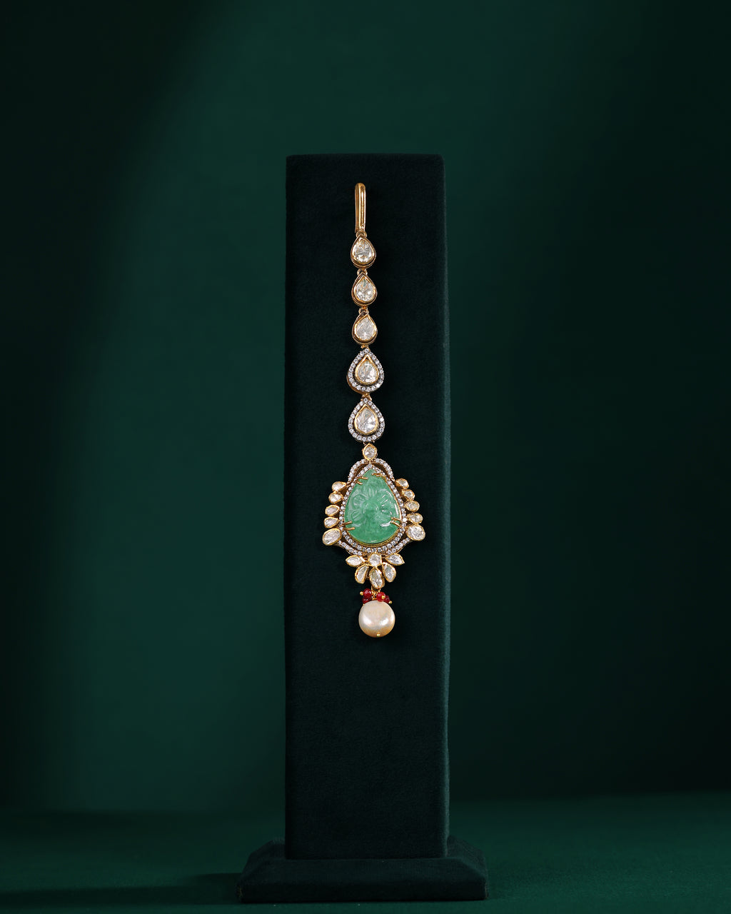 Silver Polki Maang Tikka with Pear-Cut Green Stone