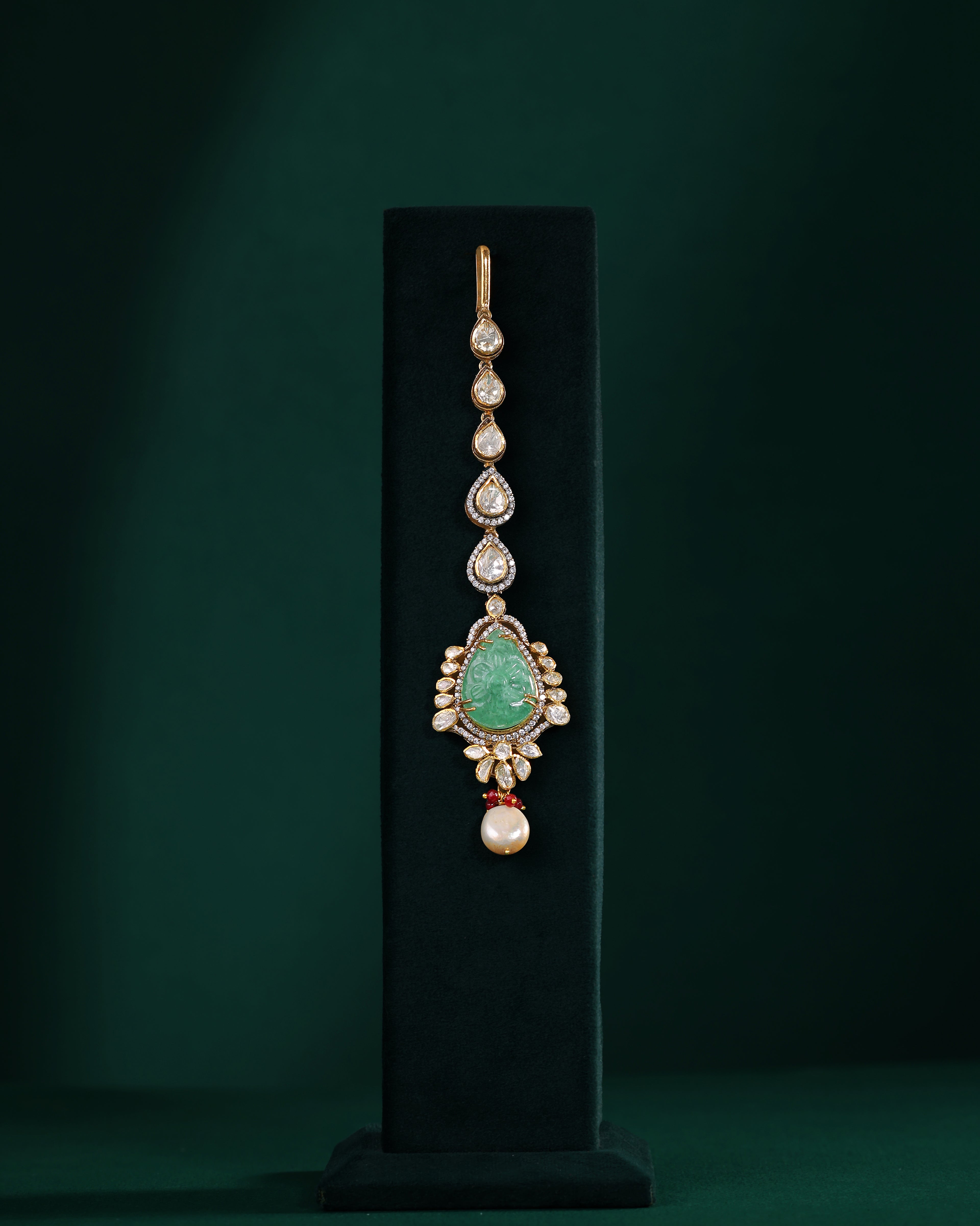 Silver Polki Maang Tikka with Pear-Cut Green Stone