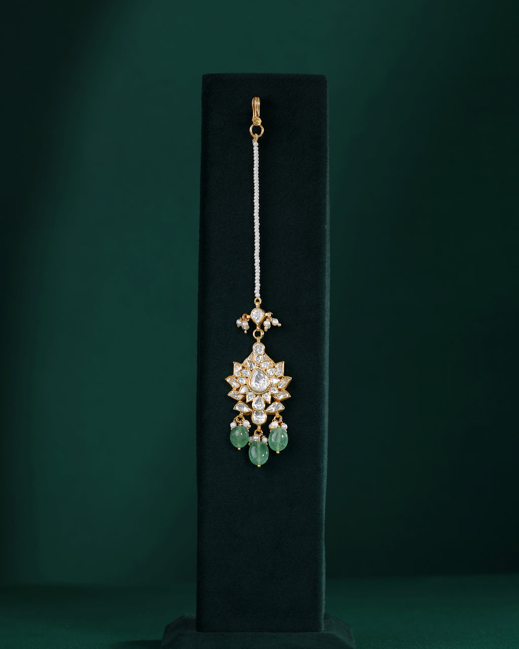 Silver Maang Tikka with Pearls and Green Beads