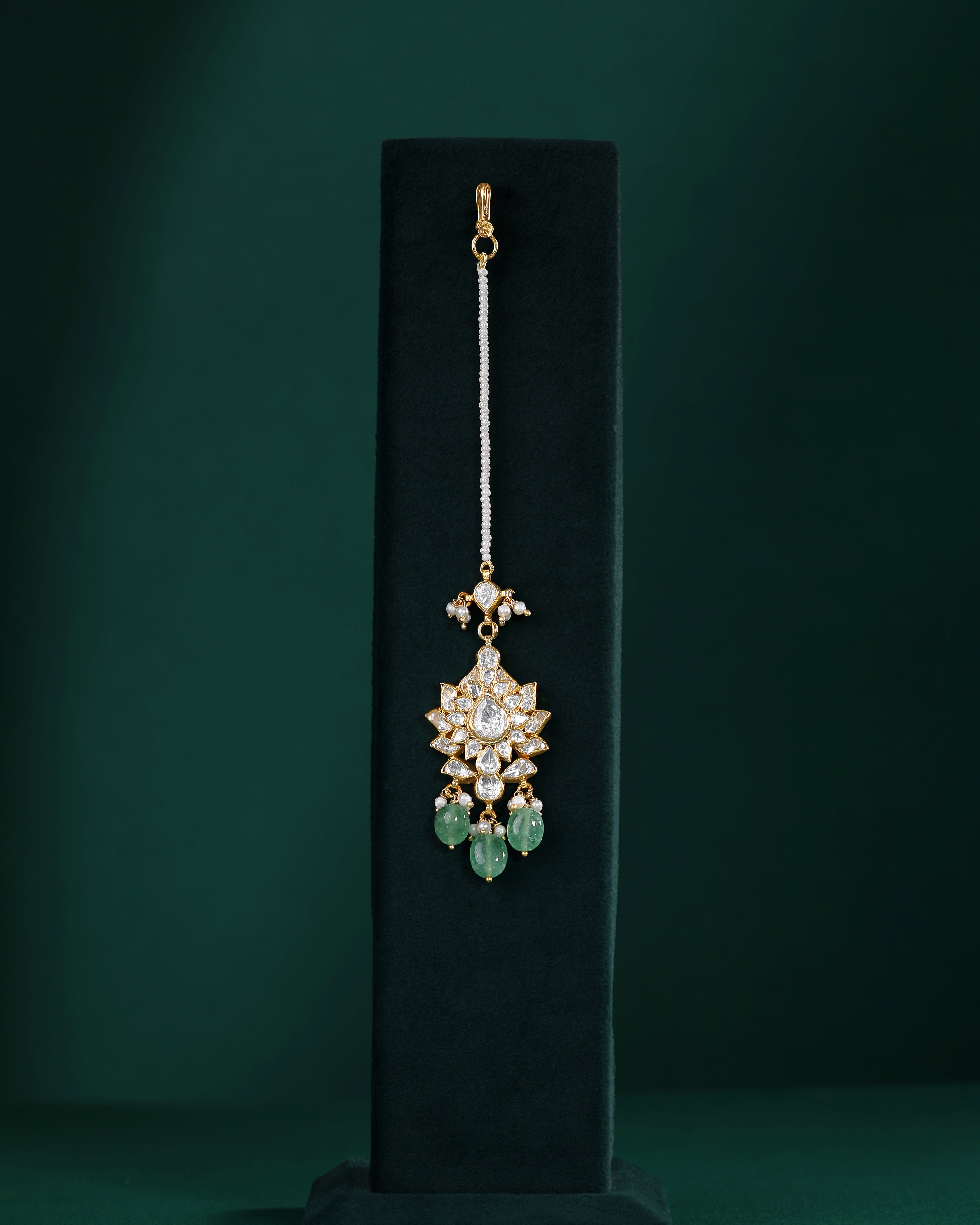 Silver Maang Tikka with Pearls and Green Beads
