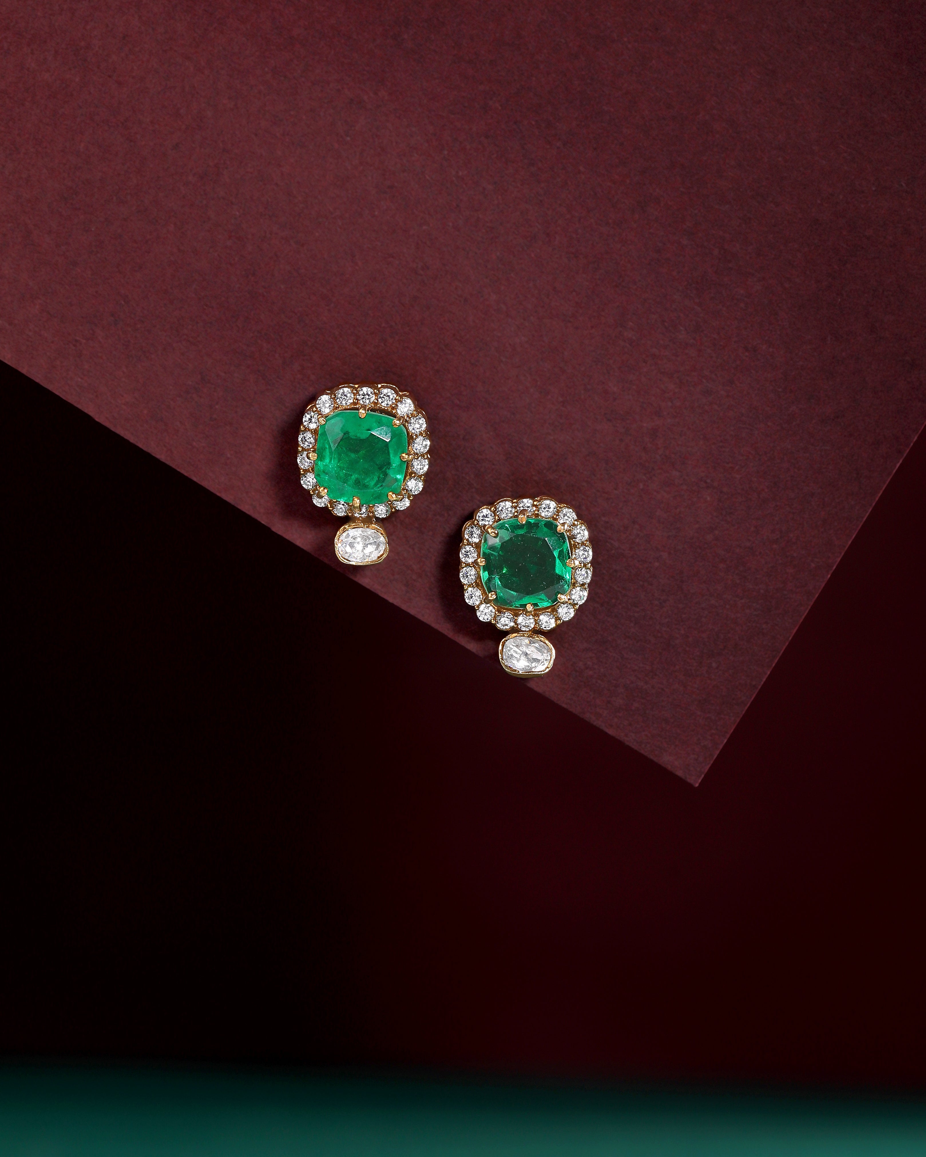 Regal Green Stone CZ Halo Studs in Silver
