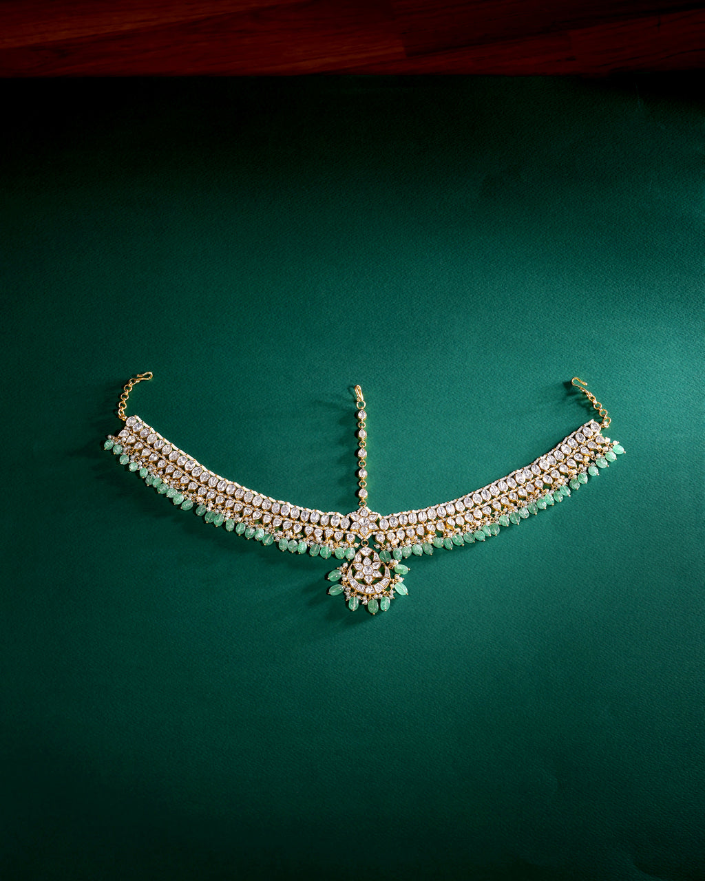Silver Green Bead Mathapatti with CZ Stones