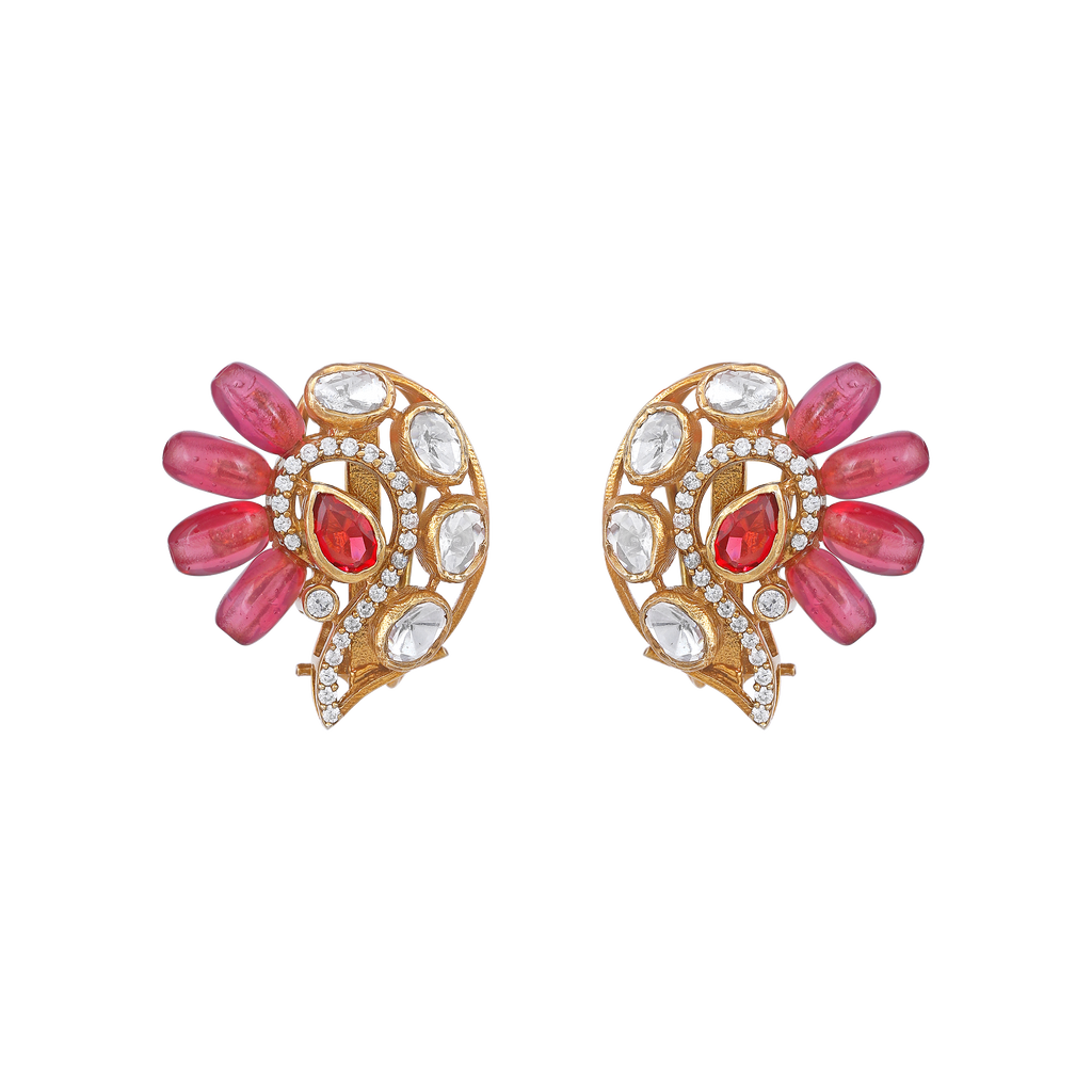 Silver Peacock Stud Earrings in Pink Stone