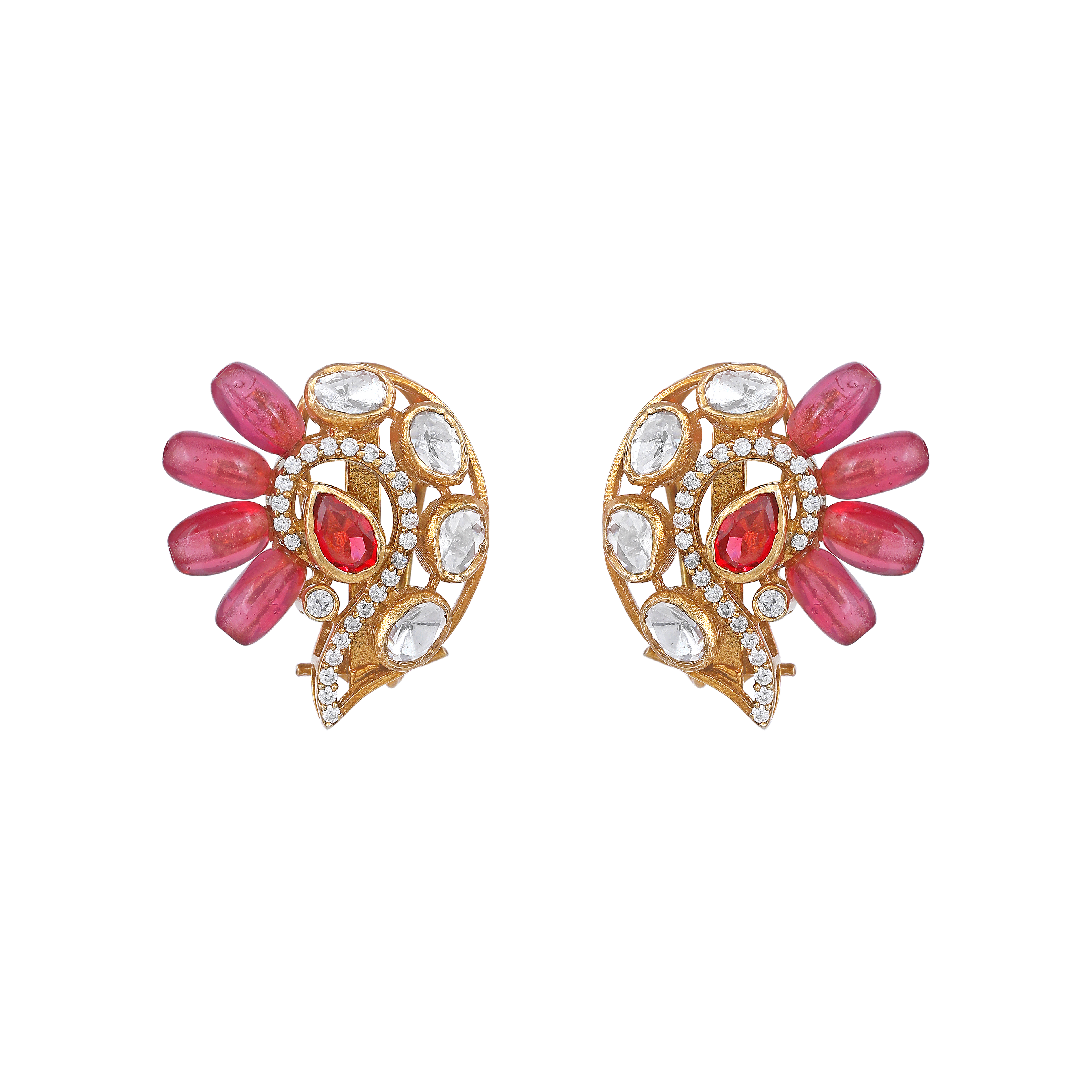Silver Peacock Stud Earrings in Pink Stone