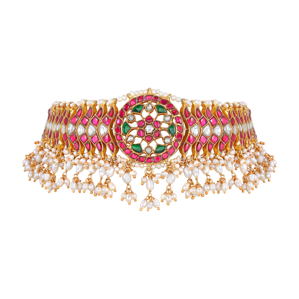 Royal Floral Kundan Pattern Choker in Silver