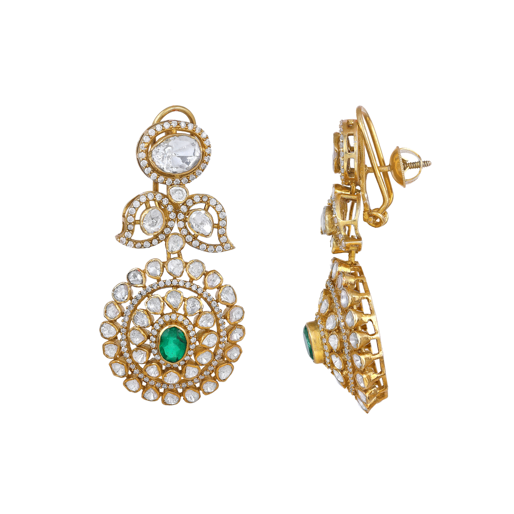 Empress Leaf-Motif Polki Style Silver Drop Earrings