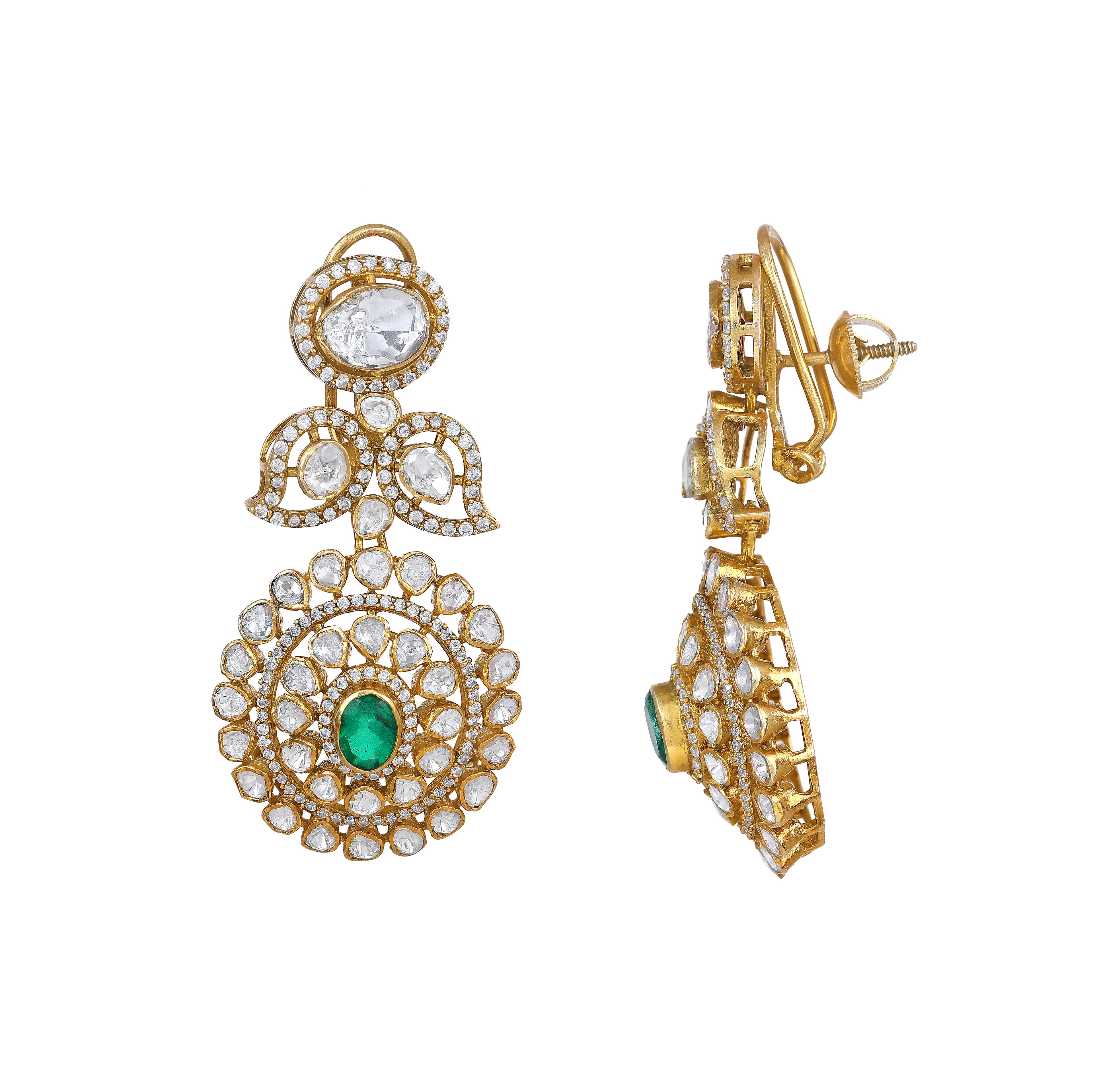 Empress Leaf-Motif Polki Style Silver Drop Earrings