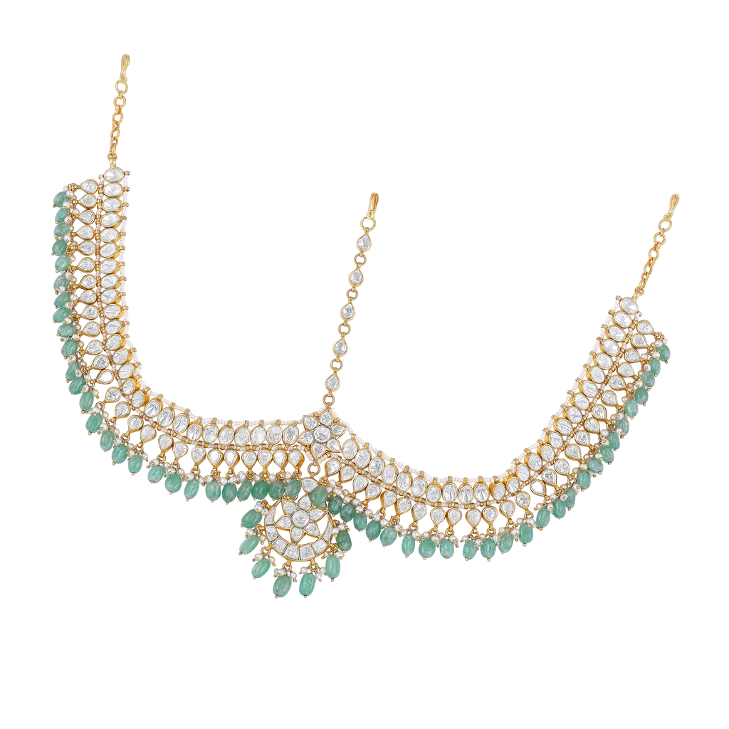 Silver Green Bead Mathapatti with CZ Stones
